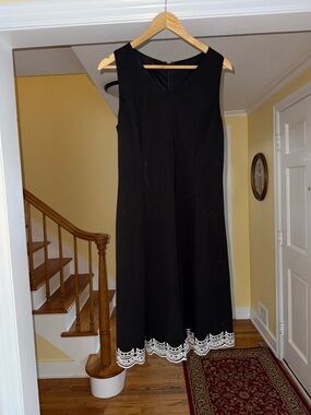 Talbots Black Sleeveless Midi Dress with White Lace Hem